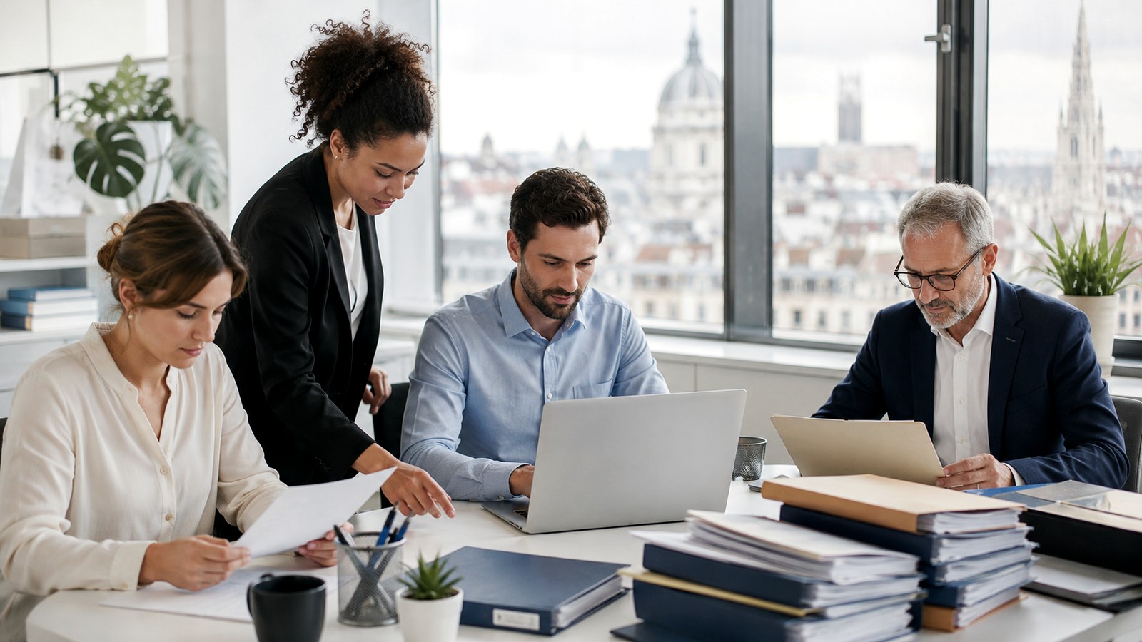 Professionnels analysant des documents dans un bureau